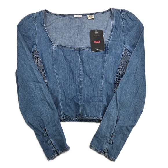 Levi's Tops - Levis Womens Blue Denim Square Neck Slim Fit Top Smocked Sides Size S NWT